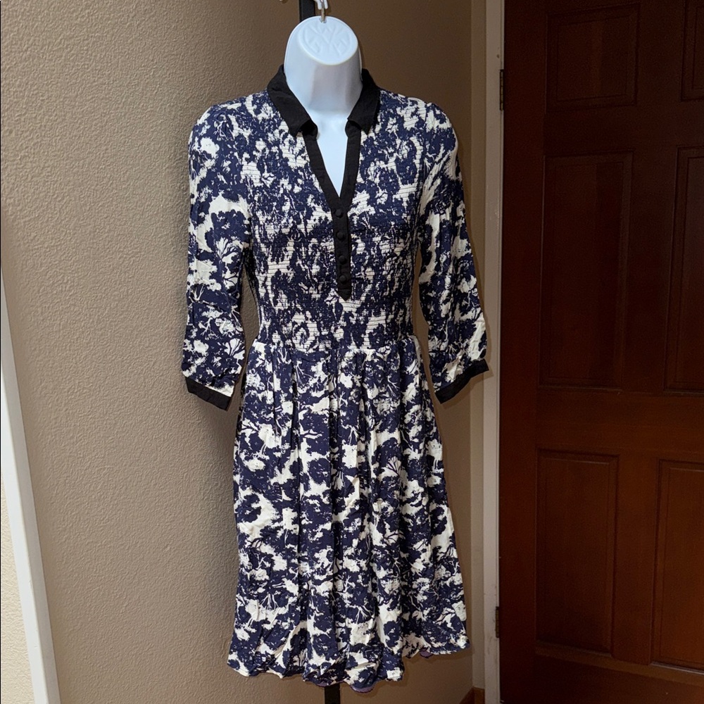 Anthropologie Edme & Esyllte Blue  Sketchbook Smocked 3/4 Sleeve Dress Size 2